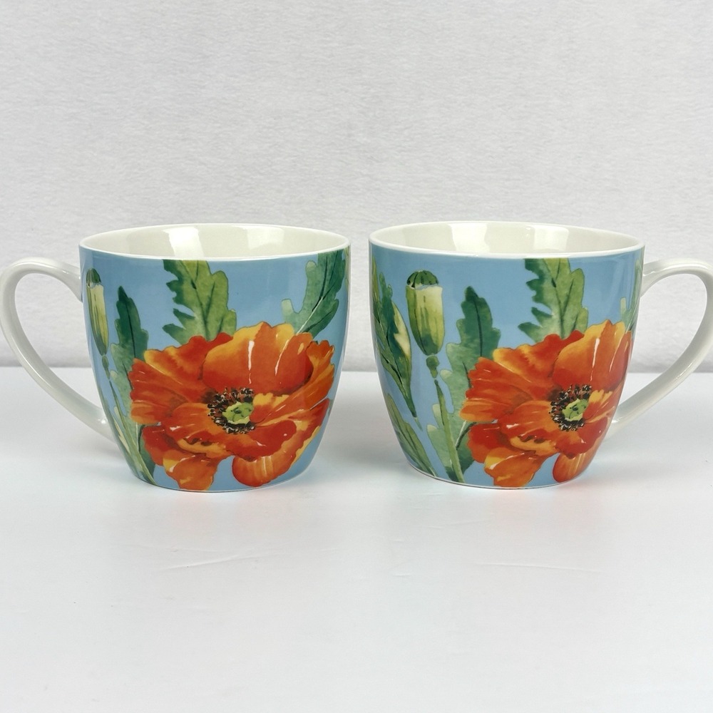 Pimpernel Watercolour Red Poppy Blue 16 oz Porcelain Mugs Set of 2 Portmeirion